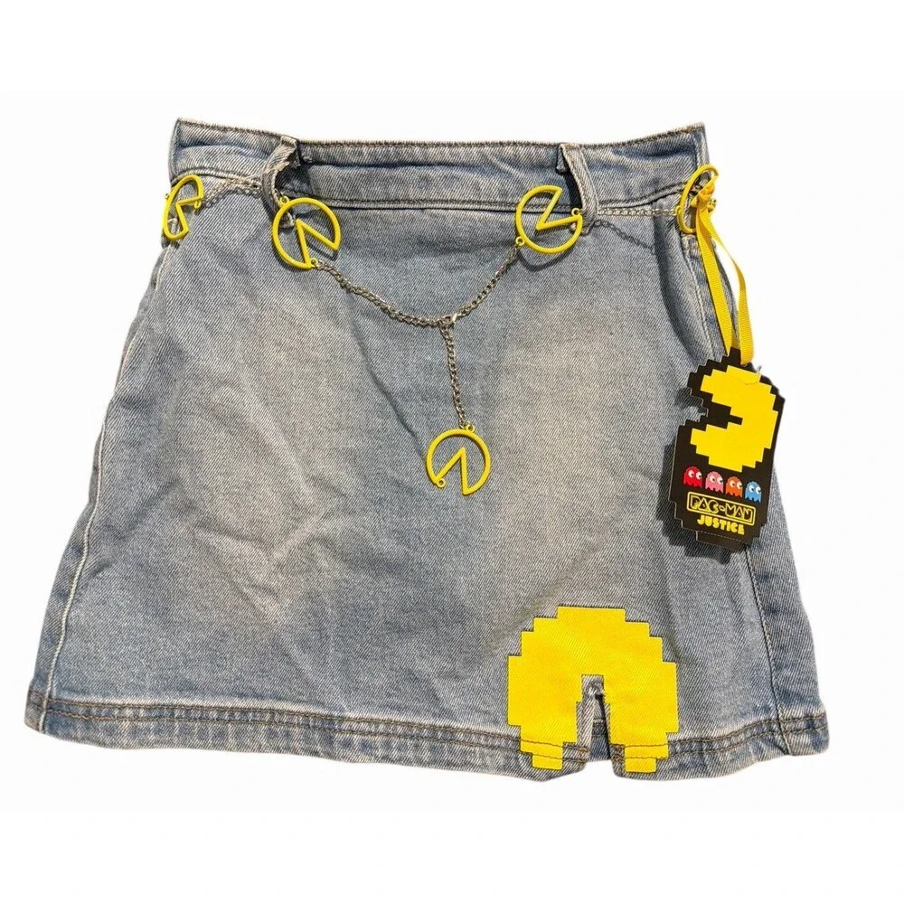 Justice Pac-Man Denim Skirt Girls M 10 High Rise Chain Belt Blue‎ NWT